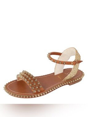 Christian Louboutin Brown Leather Studded Flat Sandals with Gold Spikes size 40